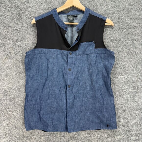 Harley Davidson Shirt Women M Medium Blue Button Up Crew Neck Sleeveless Denim - Picture 1 of 6